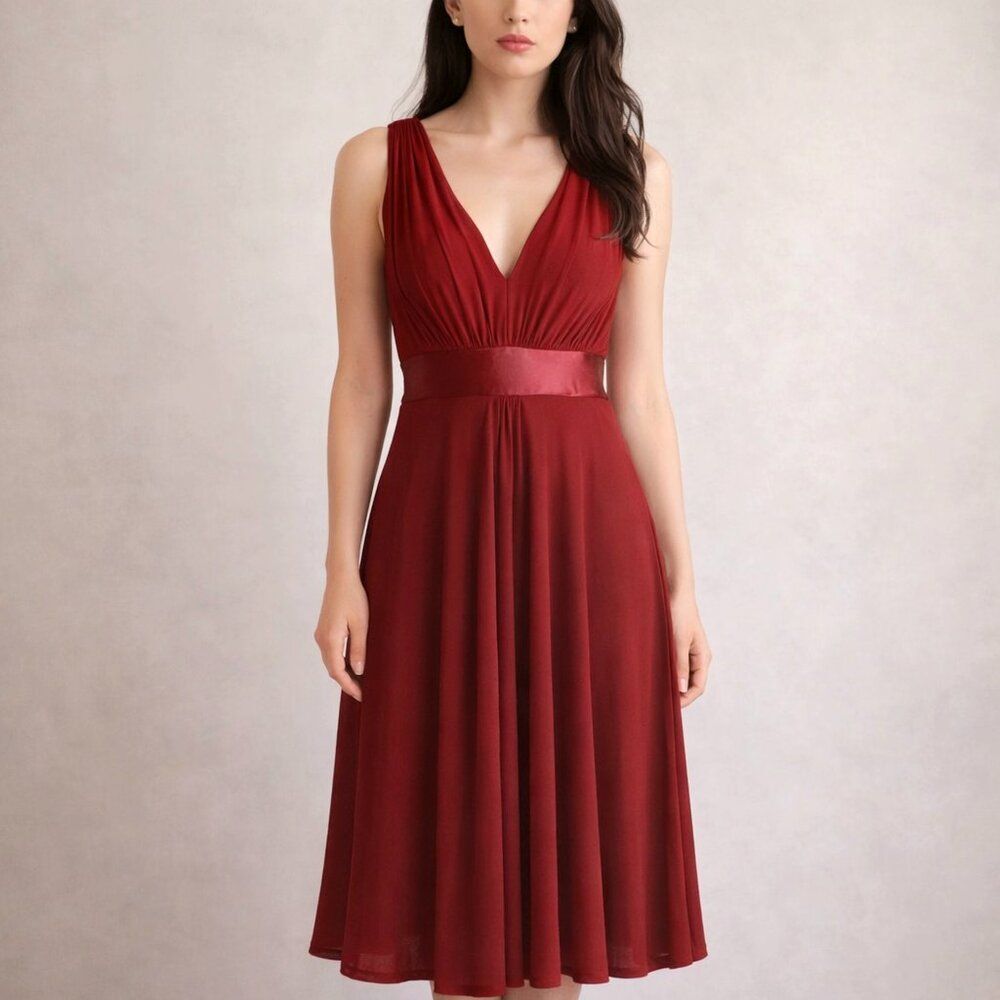 JONES WEAR Women’s Dark Red V Neck Midi Dress Size 8 Whimsygoth Romantic